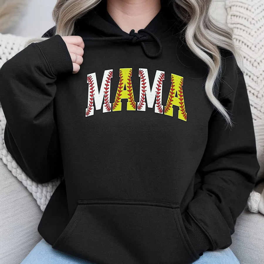 Softball Mama Hoodie | Baseball and Softball Stitch Lettering | Cozy Cotton Blend Pullover | Game Day Gift for Sports Mom