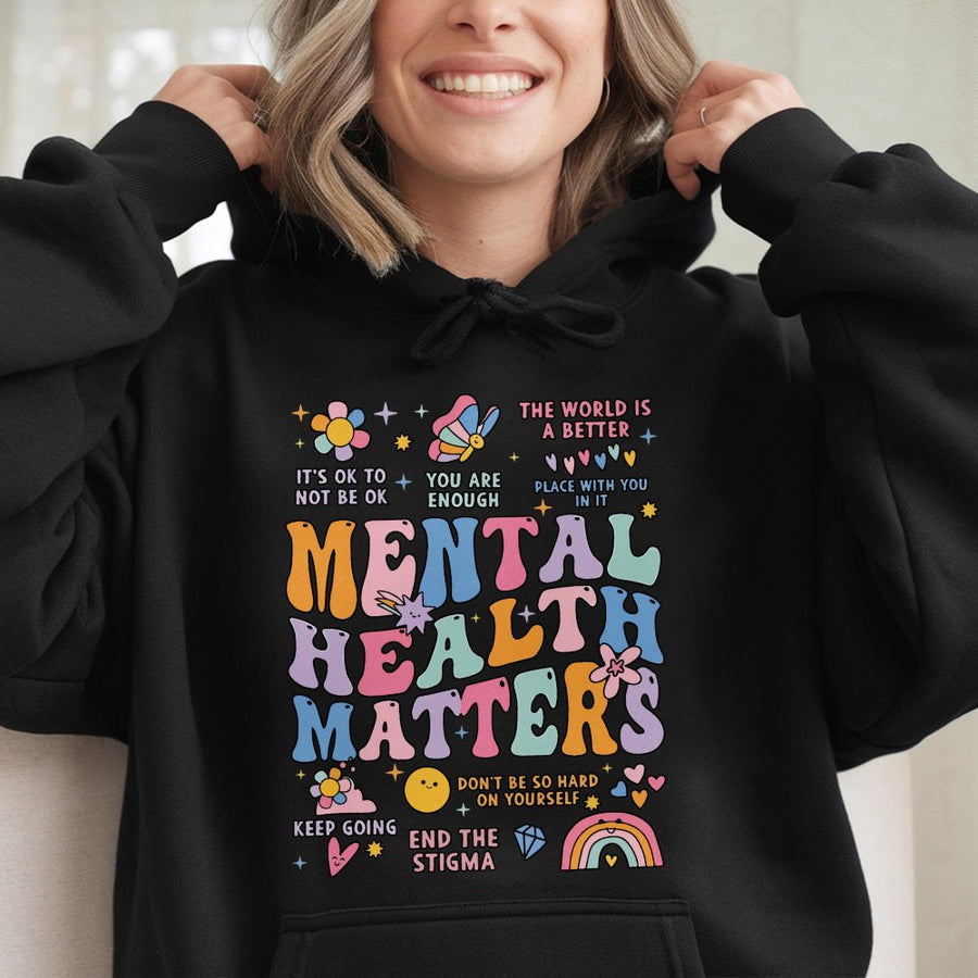 Mental Health Matters Hoodie | Retro Aesthetic Positive Vibes Design | Premium Cotton Blend | Inspirational Gift for Self Care and Wellness