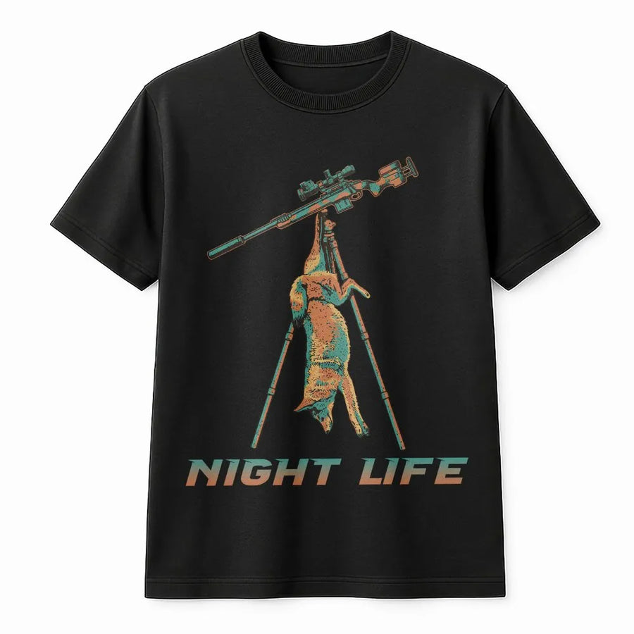 Coyote Hunting T-Shirt | Night Life Predator Hunter Graphic | Premium Cotton Blend | Gift for Varmint Hunters