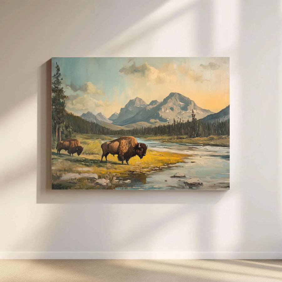 Tableau sur toile Bison Mountain | Paysage vintage de l'Ouest américain | Impression sur toile de qualité galerie | Cadeau de collectionneur pour décoration d'intérieur rustique