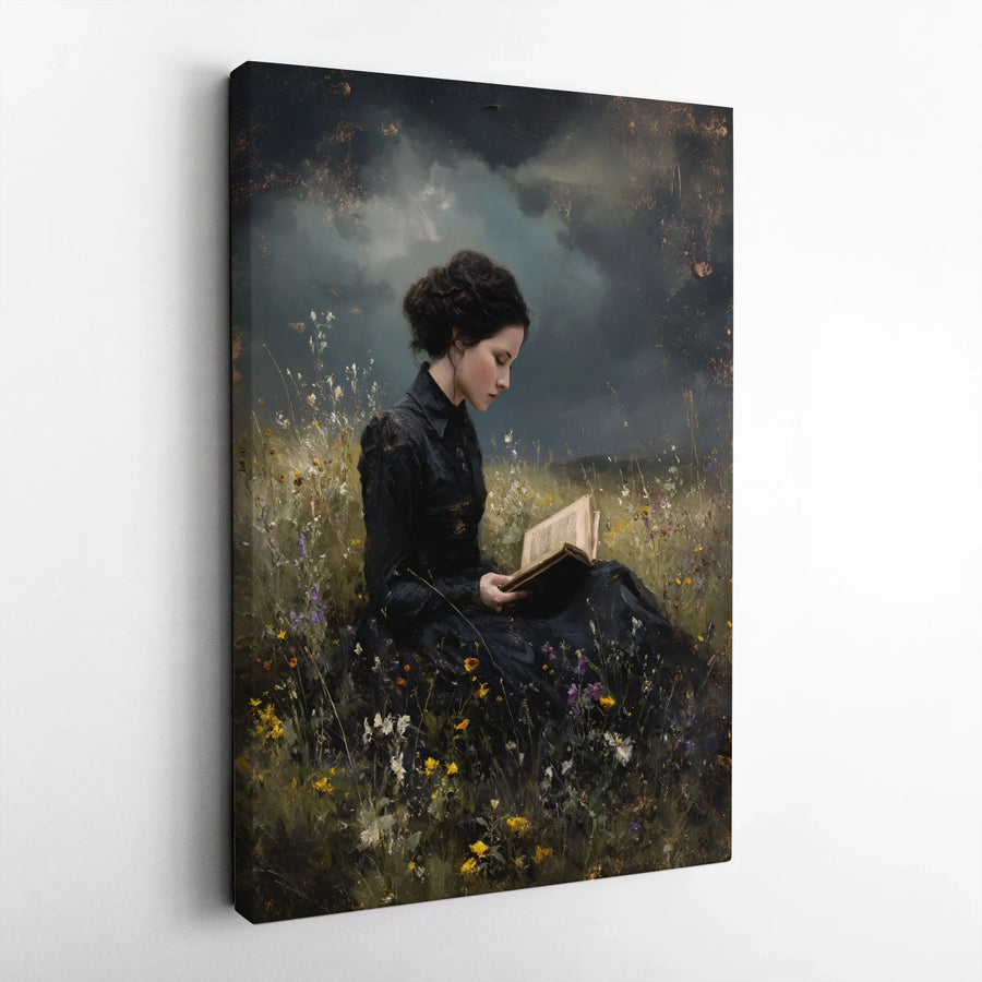 Moody Victorian Woman Reading Canvas Wall Art | Dark Academia Floral Oil Painting Print | Premium 1.25" Gallery Wrap | Gift for Book Lovers