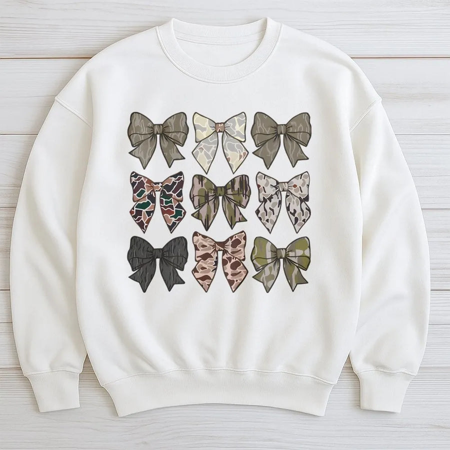 Camo Bow Sweatshirt | Trendy Aesthetic Ribbon Print | Premium Cotton Blend Crewneck | Cute Country Girl Gift for Women and Teens