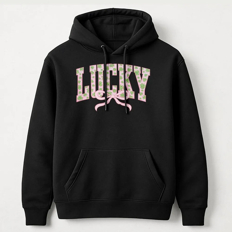 Lucky Shamrock Hoodie | Pink Varsity Letter with Bow Graphic | Premium Cotton Blend | St. Patricks Day Gift for Women