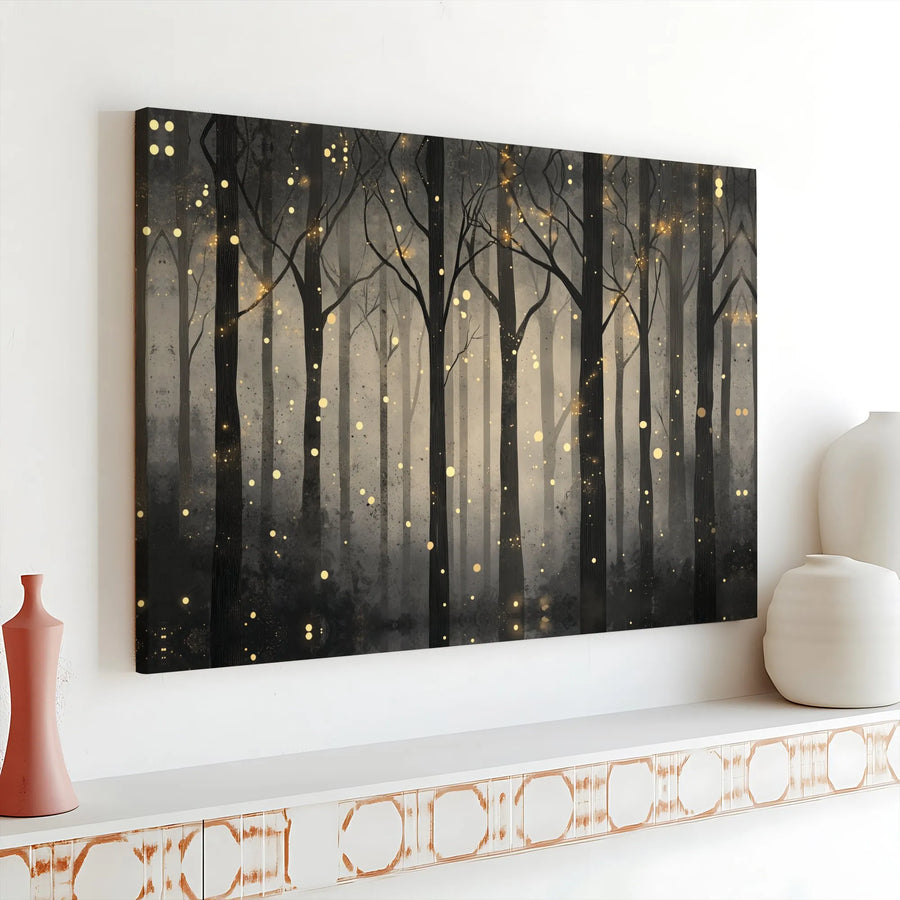 Enchanted Forest Canvas Wall Art | Misty Woods with Glowing Orbs | Premium Gallery Wrapped Canvas | Modern Living Room Decor Gift