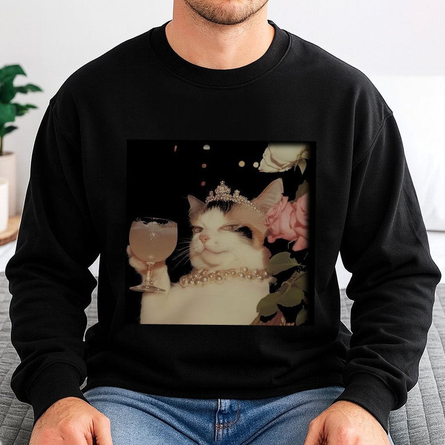 Funny Fancy Cat Sweatshirt | Elegant Pearl Queen Kitten Drinking Martini | Premium Cotton Blend Crewneck | Cute Animal Meme Gift for Cat Lovers