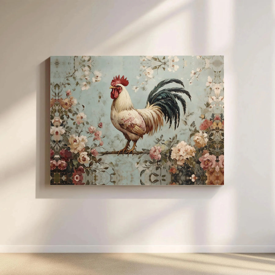 Vintage Rooster Wall Art | Farmhouse Floral Painting Print | Premium Gallery Wrapped Canvas | Country Kitchen Decor Gift
