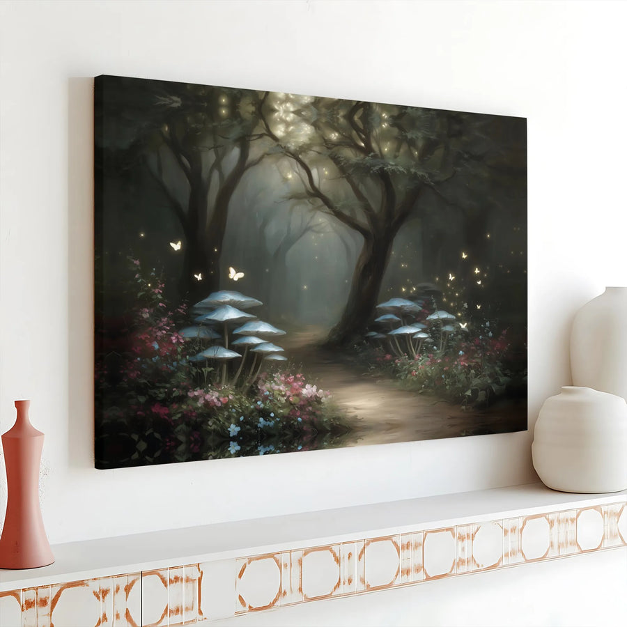Enchanted Forest Horizontal Canvas | Magical Glowing Mushroom Wall Art | Premium 1.25" Gallery Wrap Print | Mystical Fairycore Path Landscape Gift for Living Room