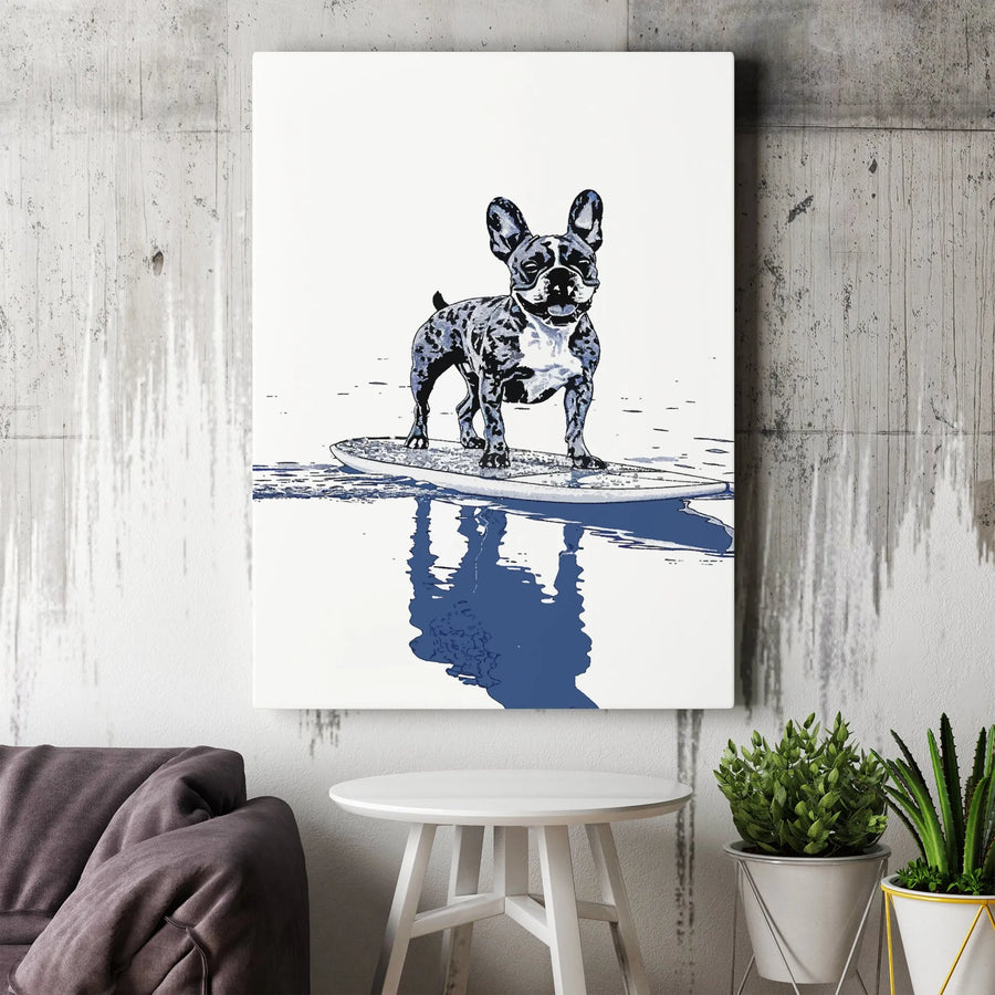 French Bulldog Surfer Canvas Wall Art | Minimalist Surfing Dog Illustration | Premium Gallery Wrapped Canvas | Gift for Dog Lover & Frenchie Mom