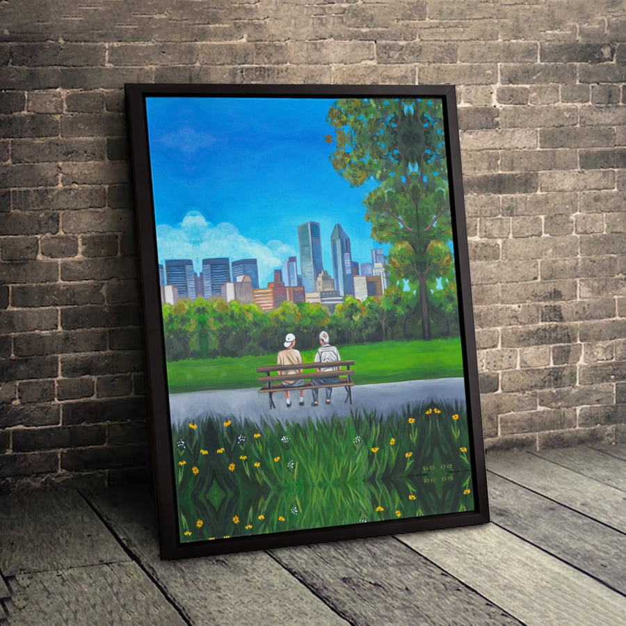 City Skyline Canvas Print | Elderly Couple Sitting on Park Bench | Premium Gallery Wrap Wall Art | Sentimental Gift for Anniversary or Parents