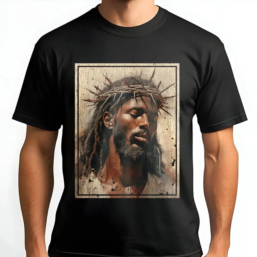 Black Jesus T-Shirt | Crown of Thorns Religious Art | Premium Cotton-Blend Pullover | Christian Faith Gift for Men and Women