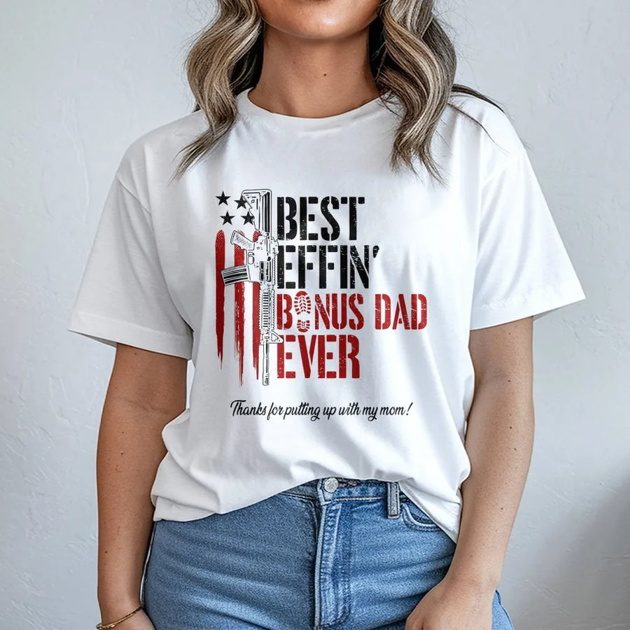 Bonus Dad T-Shirt | Funny Patriotic Gun Graphic Design | 100% Cotton Premium Tee | Best Stepdad Gift for Father's Day 2026 Birthday
