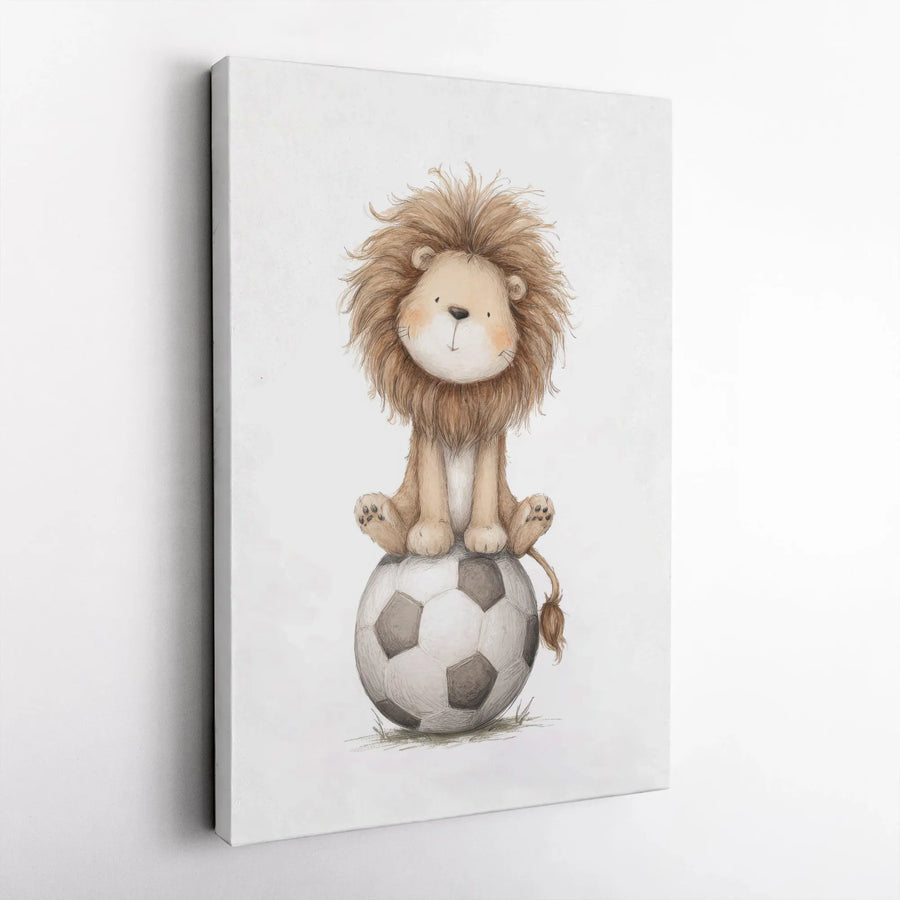 Cute Lion Soccer Canvas Wall Art | Adorable Baby Lion on Football Illustration | Premium Gallery Wrapped Print | Nursery Decor Gift for Boys Room