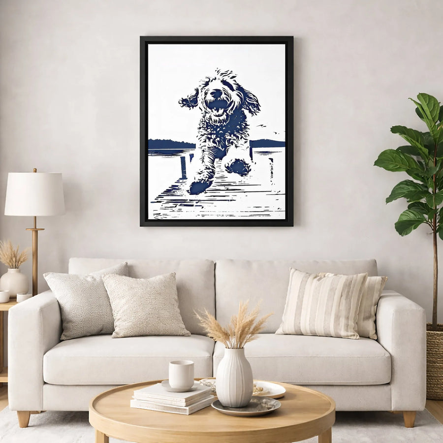 Doodle Dog Wall Art | Running On Dock Silhouette Graphic | Premium Gallery-Wrapped Canvas Print | Modern Pet Lover Home Decor Gift