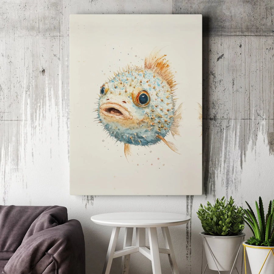 Cute Pufferfish Canvas Print | Watercolor Ocean Life Wall Art | 1.25 Inch Gallery Wrap | Coastal Nursery & Beach House Decor