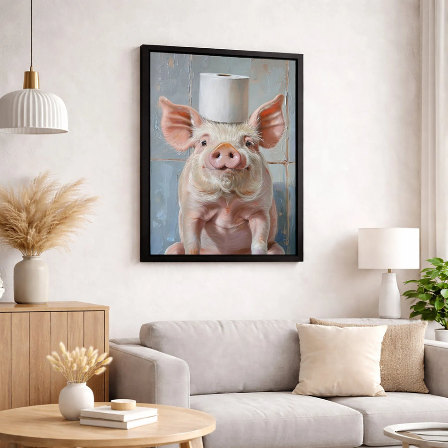 Funny Pig Bathroom Wall Art | Whimsical Toilet Paper Piggy Canvas | Premium 1.25-Inch Gallery Wrap | Unique Gift for Animal Lovers