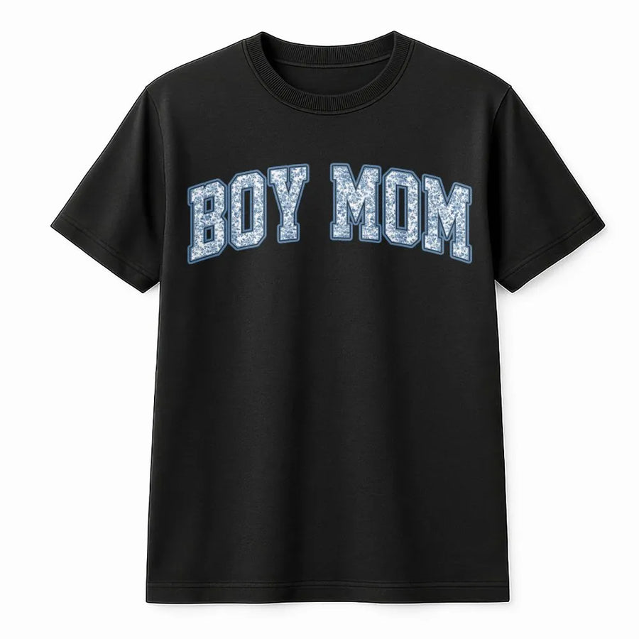 Boy Mom T-Shirt | Blue Toile Floral Varsity Print | Premium Soft Cotton Tee | Cute Pregnancy Announcement or Mother's Day 2026 Gift for Her