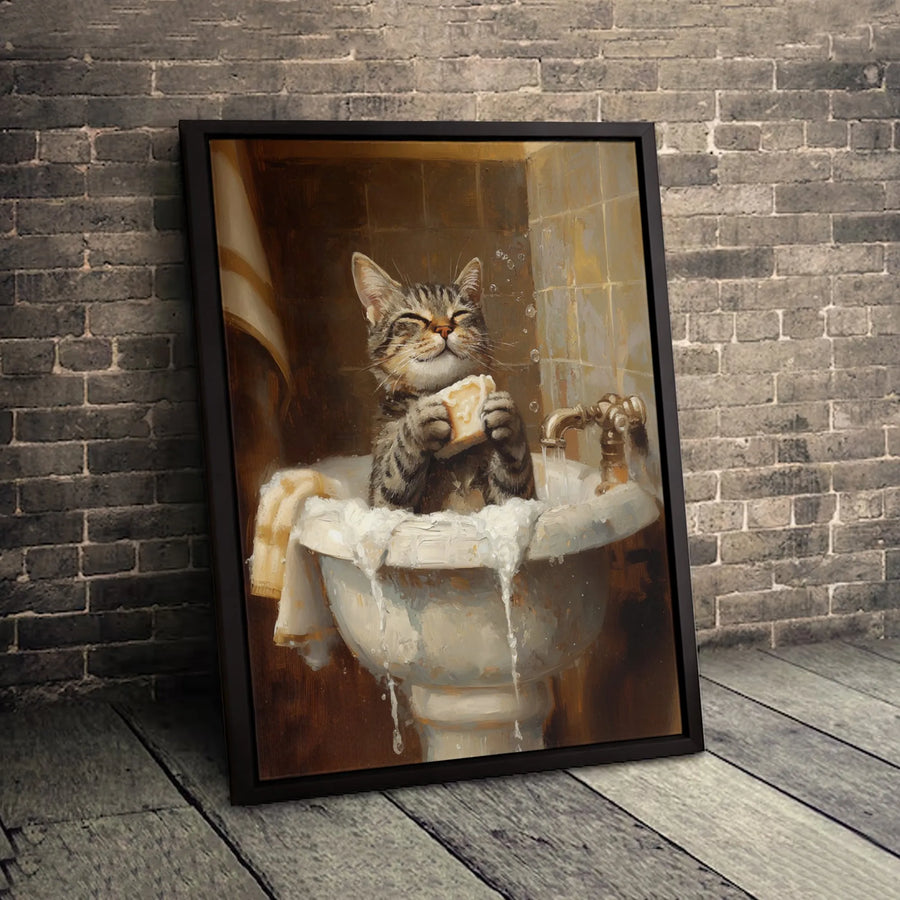 Cat Bubble Bath Canvas Wall Art | Funny Animal Oil Painting Print | Premium Gallery Wrapped Decor | Whimsical Bathroom Decor Gift