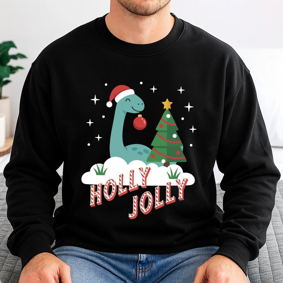 Holly Jolly Dinosaur Christmas Sweatshirt | Cute Festive Dino Graphic | Premium Cotton-Poly Blend | Unisex Holiday Gift for Dino Lovers