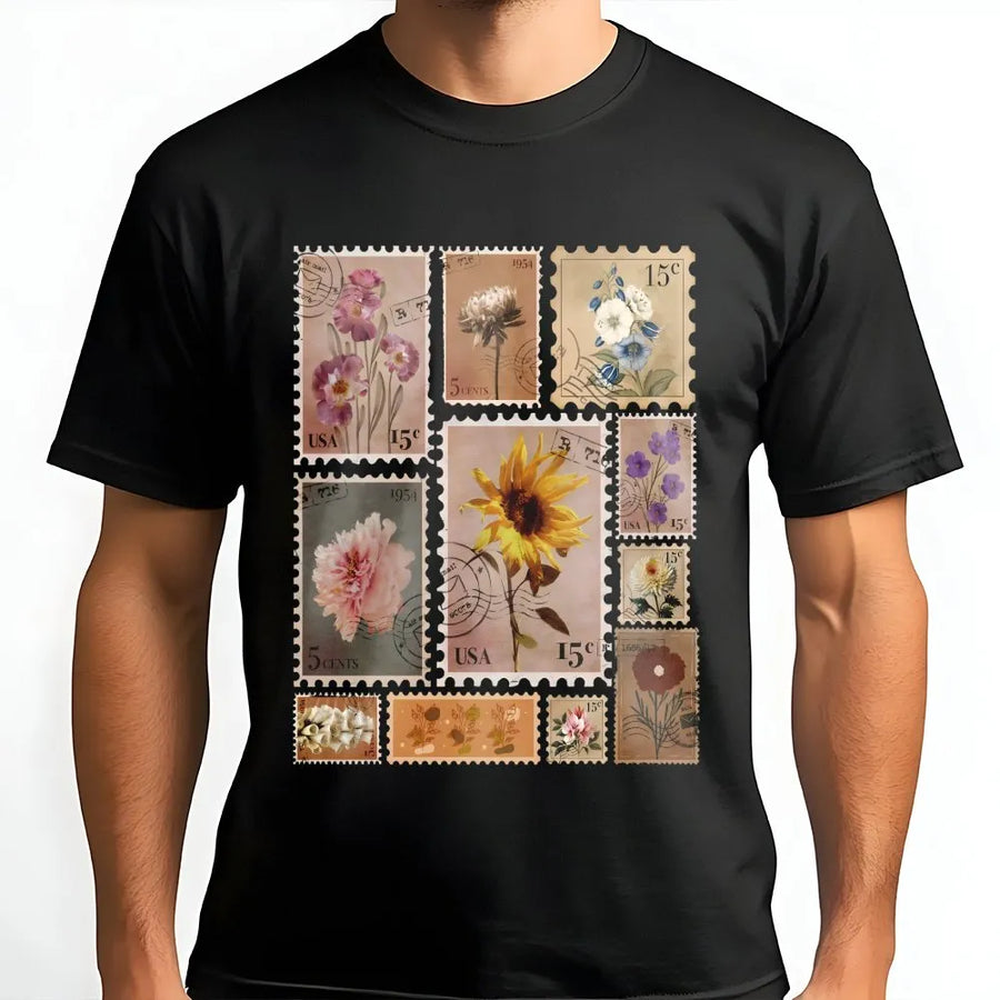 Vintage Floral Stamp T-Shirt | Retro Postage Stamp Wildflower Graphic | Premium Soft Blend Pullover | Cottagecore Aesthetic Gift for Gardener