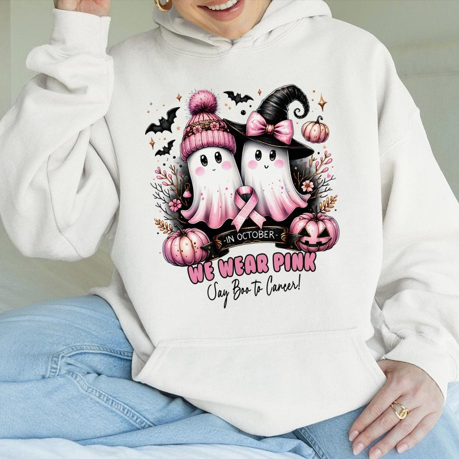 In October We Wear Pink Ghost Hoodie | Breast Cancer Awareness Halloween Gift | Soft Cotton-Blend Pullover | Unisex Cancer Survivor Support Sweatshirt