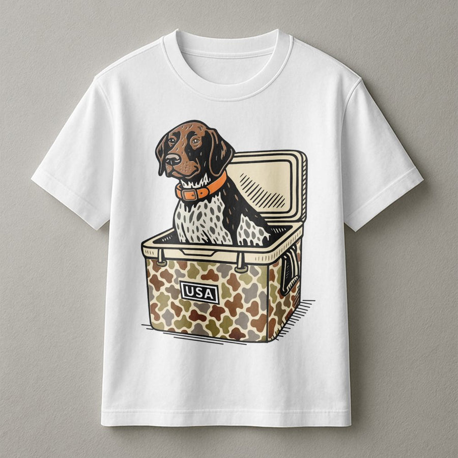 German Shorthaired Pointer T-Shirt | Hunting Dog in Camo Cooler Graphic | Premium Cotton Apparel | Gift for Bird Dog Owners and Outdoorsmen