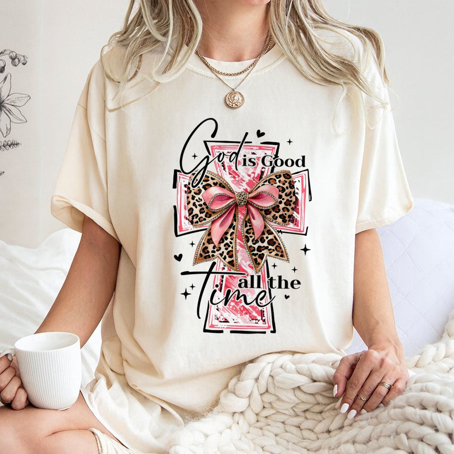 God Is Good All The Time T-Shirt | Leopard Print Cross with Coquette Bow | Premium Cotton Christian Apparel | Religious Gift for Women