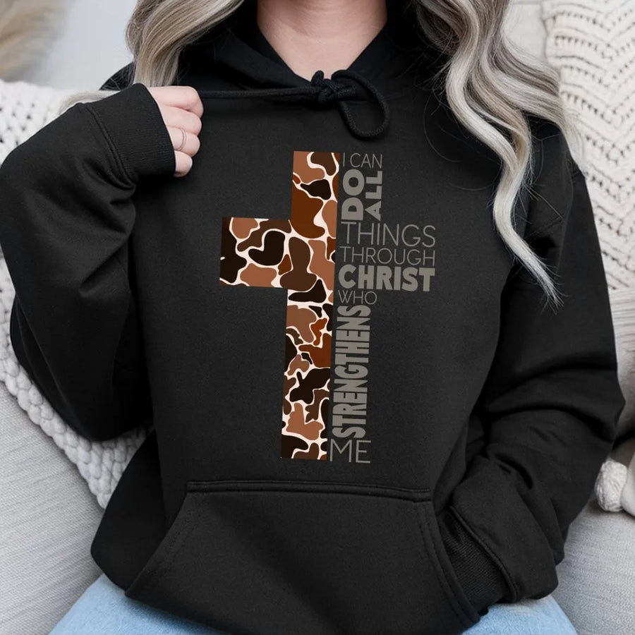 Camo Cross Hoodie | I Can Do All Things Through Christ Verse | Premium Cotton Blend | Christian Faith Gift For Men And Women