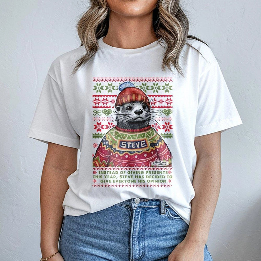 Funny Otter Ugly Christmas T-Shirt | Steve Giving His Opinion Graphic | Premium Soft Cotton Tee | Sarcastic Holiday Gift for Animal Lovers