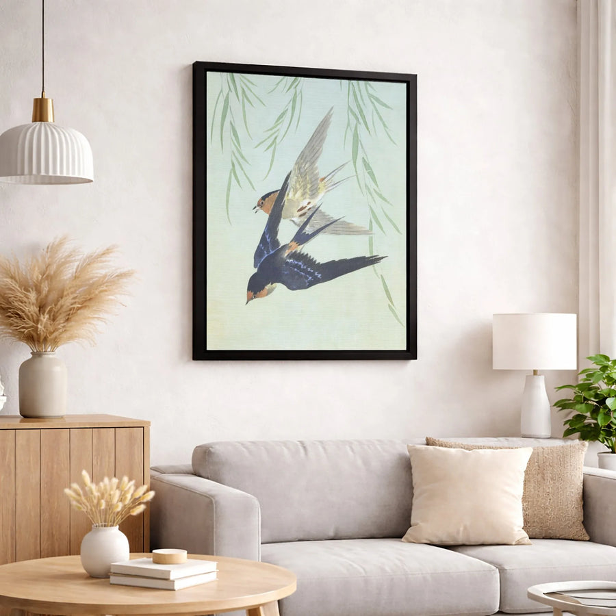 Japanese Bird Wall Art | Flying Swallows with Willow Branches | Premium Gallery-Wrapped Canvas | Elegant Home Decor for Living Room Gift