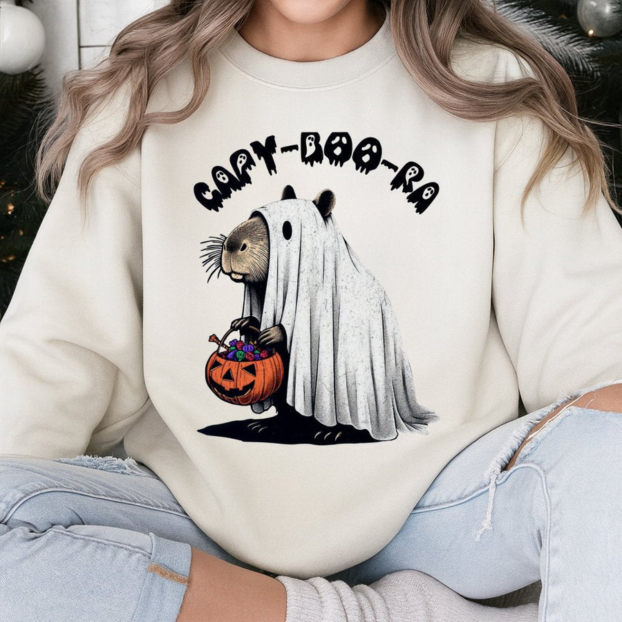 Capybara Ghost Sweatshirt | Funny Cappy-Boo-Ra Halloween Graphic | Premium Cotton Blend Crewneck | Spooky Season Gift For Animal Lovers