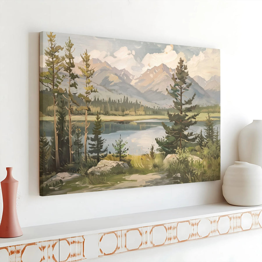 Mountain Landscape Canvas Wall Art | Vintage Pine Tree Forest Painting | Premium Gallery Wrapped Canvas | Rustic Cabin Decor Gift