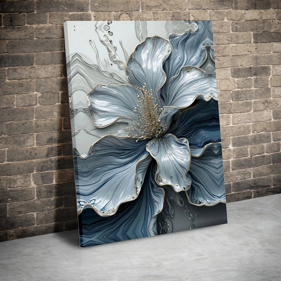 Blue Liquid Flower Vertical Canvas | Abstract 3D Visual Floral Art with Gold Accents | Premium 1.25" Gallery Wrap | Elegant Living Room Wall Decor Gift