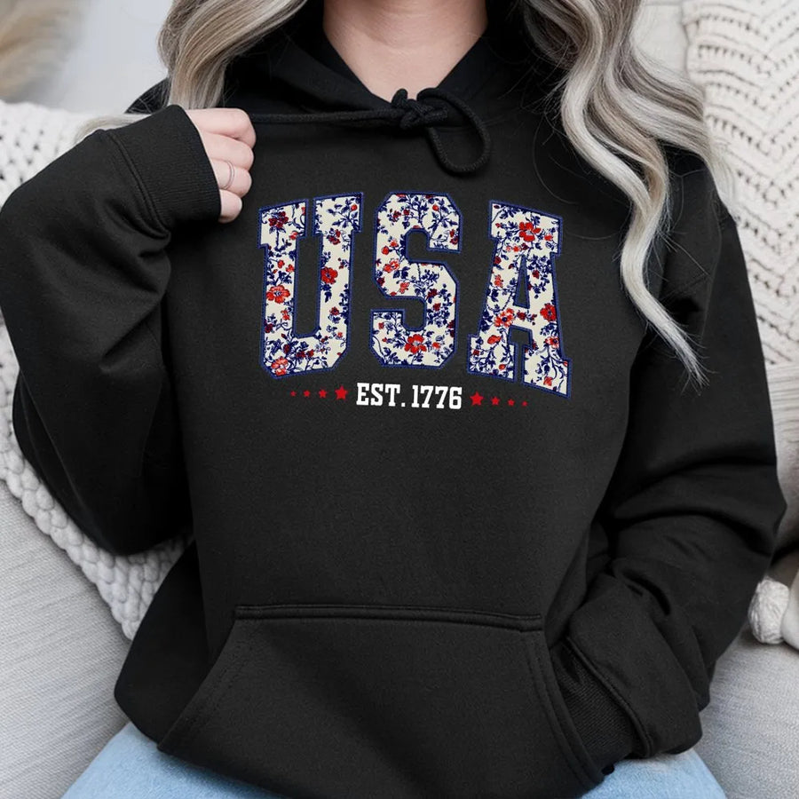 USA Floral Hoodie | Vintage Red White Blue Est 1776 Graphic | Premium Cotton Blend | Patriotic Fourth of July Gift for Women