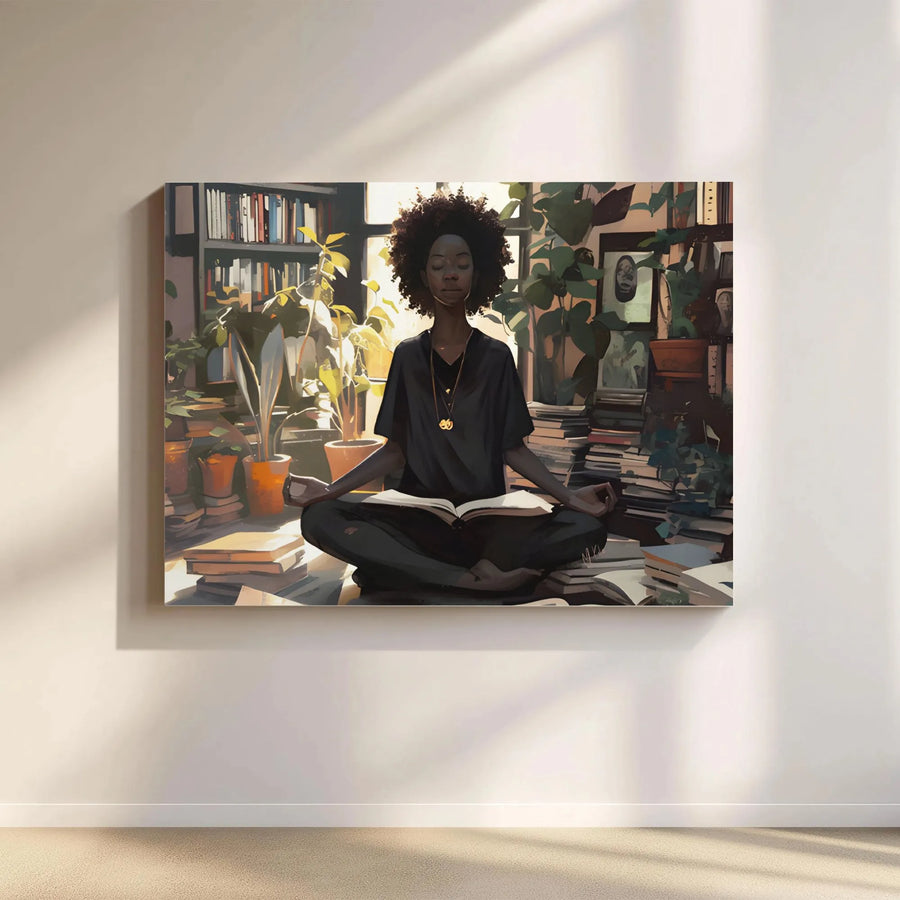 Black Woman Meditating Wall Art | Zen Library Books and Plants Print | Premium 1.25" Gallery Wrap Canvas | Mindfulness Gift for Readers