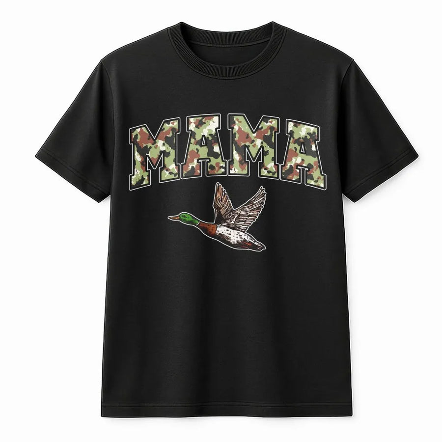 Mama Duck Hunting T-Shirt | Camo Print Lettering & Flying Mallard Design | 100% Cotton Premium Apparel | Gift for Outdoorsy Mom & Hunting Season