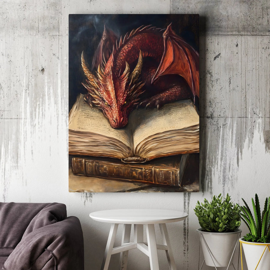 Red Dragon Wall Art | Sleeping Dragon on Ancient Book Fantasy Print | Premium 1.25-inch Canvas | Gift for Fantasy Lovers and Book Readers