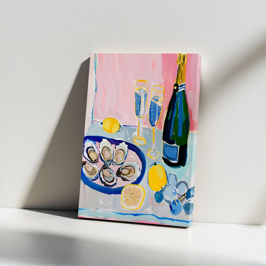 Oysters and Champagne Vertical Canvas | Colorful Painterly Wall Art | Premium High-Resolution Print | Kitchen & Dining Room Decor Gift
