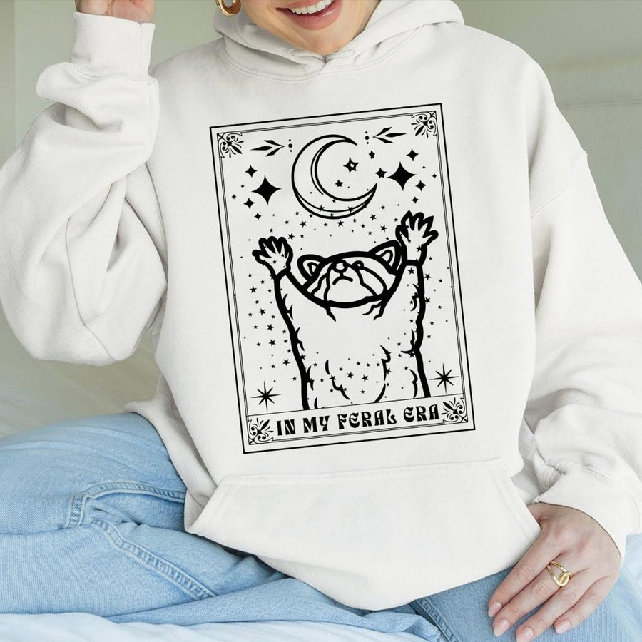 In My Feral Era Raccoon Hoodie | Tarot Card Aesthetic Graphic | Premium Cotton Blend Pullover | Cute Cottagecore Gift for Raccoon Lovers