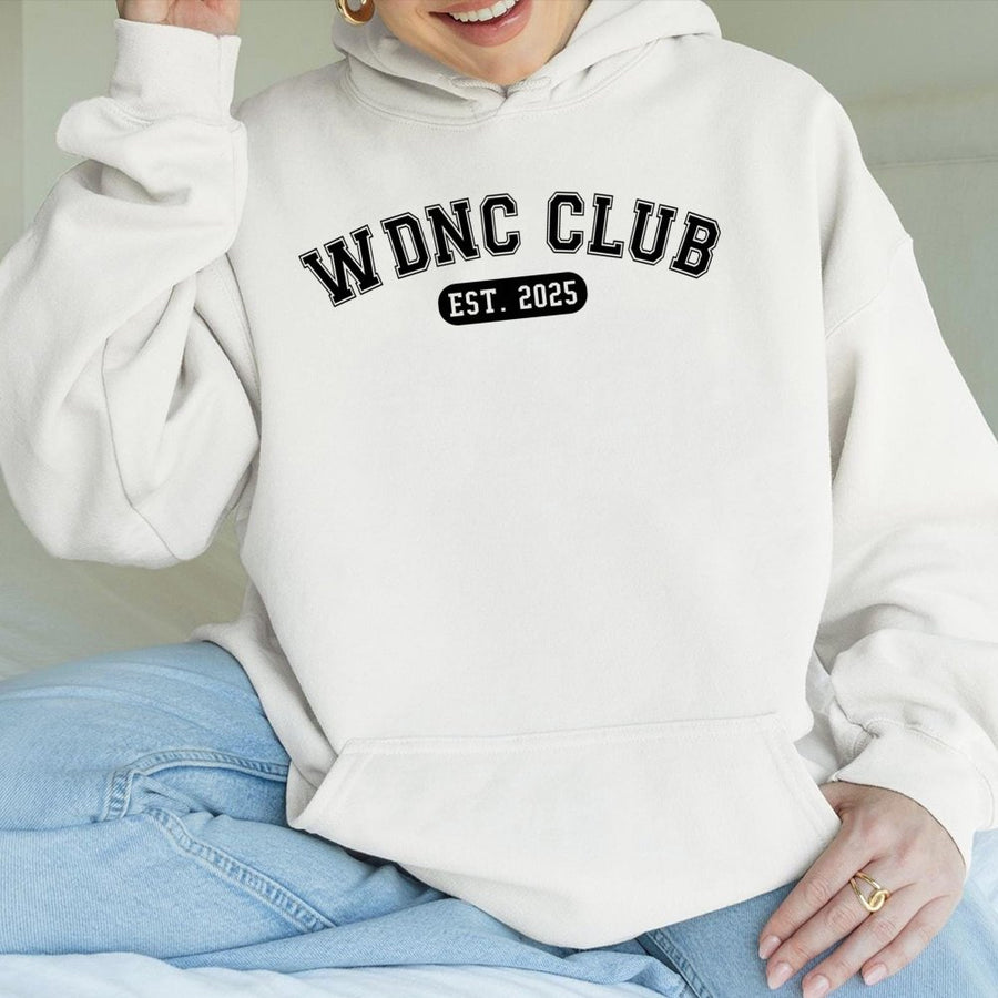 WDNC Club Hoodie | We Do Not Care Retro Varsity Graphic | Premium Cotton Blend | Funny Sarcastic Gift for Gen X Women