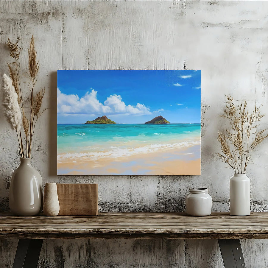 Lanikai Beach Canvas Wall Art | Mokulua Islands Painting Print | Premium Gallery Wrapped Canvas | Hawaiian Coastal Home Decor