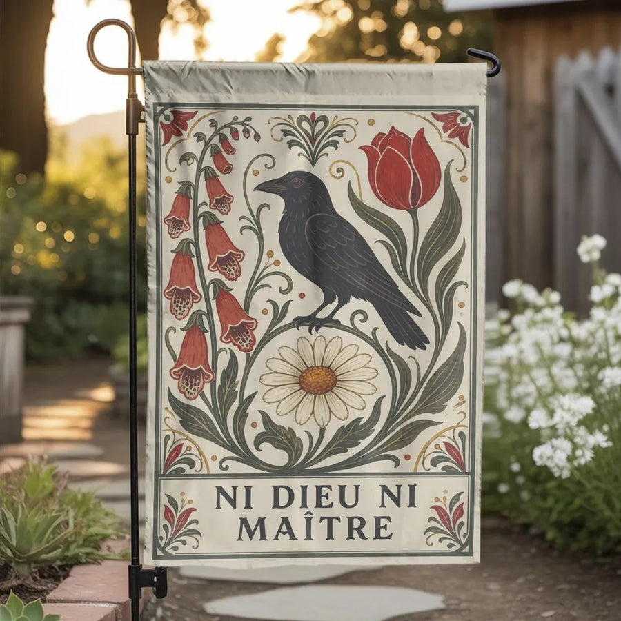 Ni Dieu Ni Maître Garden Flag | Vintage Art Nouveau Crow & Floral Art | Double Sided Premium Polyester | Anarchist Yard Decor Gift