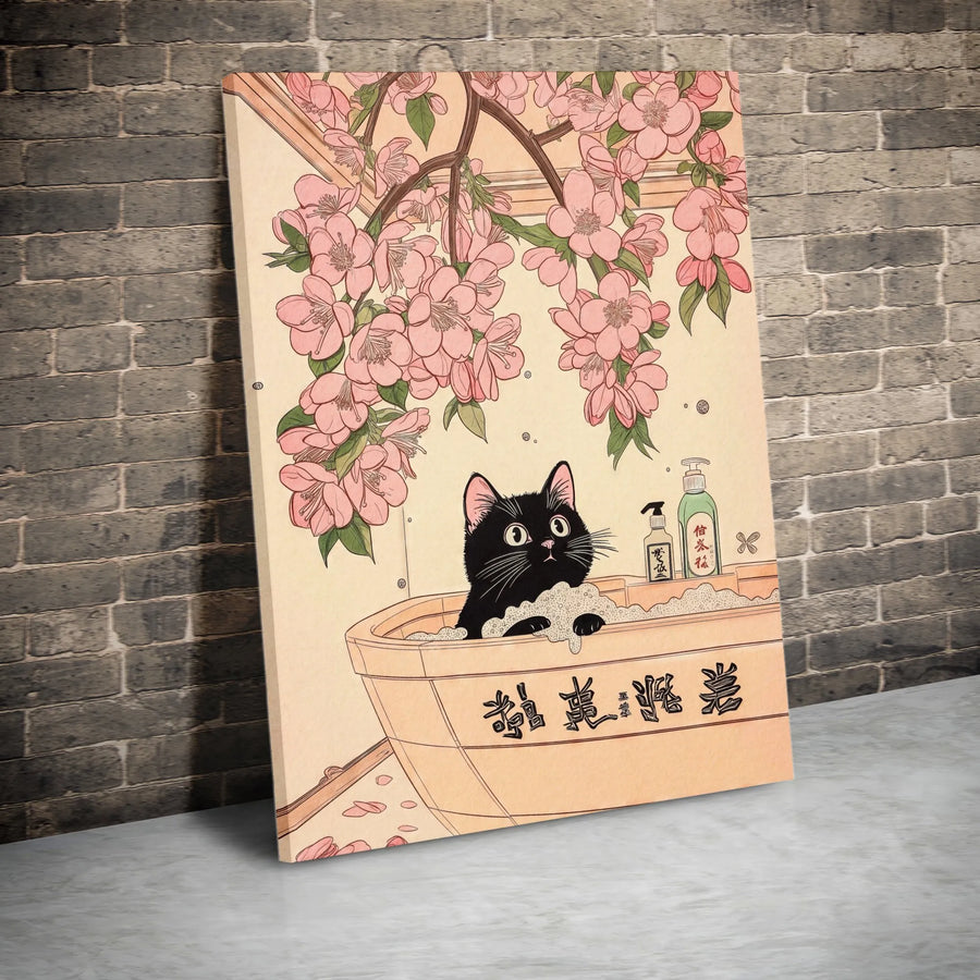 Japanese Black Cat Canvas Wall Art | Ukiyo-e Style Sakura Bath Print | Premium Gallery-Wrapped Decor | Unique Gift for Cat Lovers