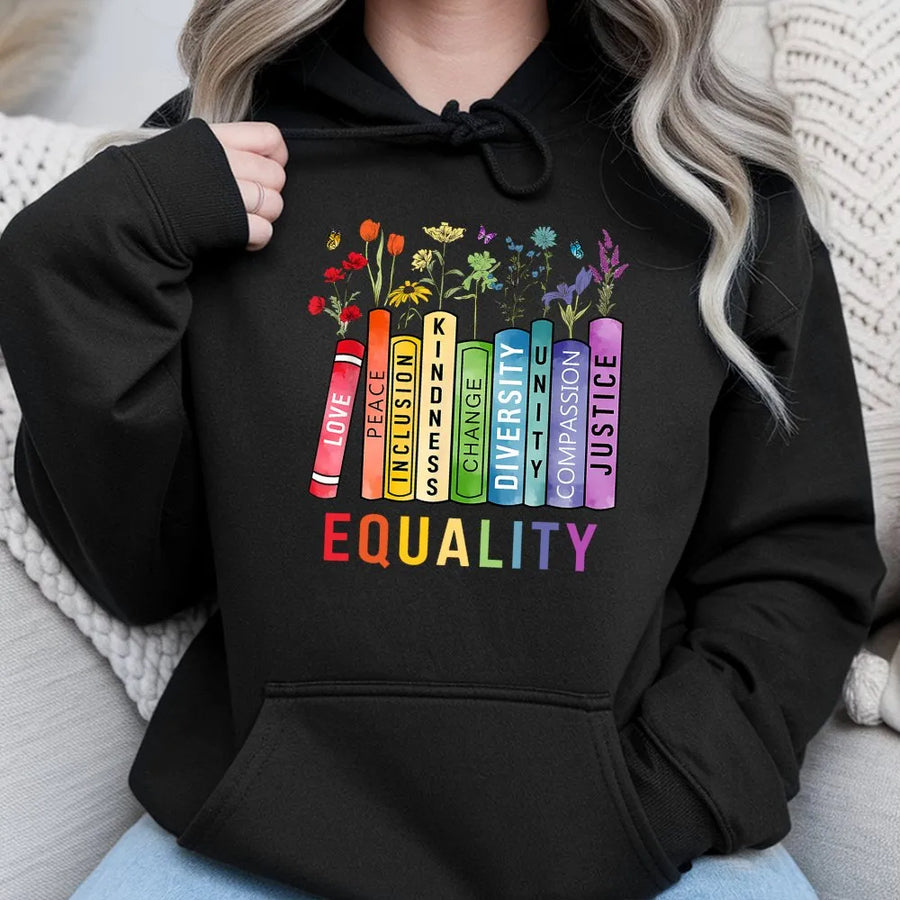 Equality Hoodie | Rainbow Books Floral Design | Soft Cotton Blend | Social Justice Gift for Activist and Ally