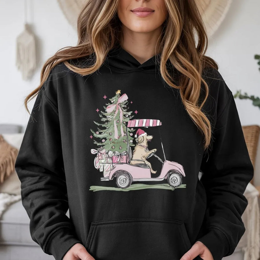 Christmas Golden Retriever Hoodie | Pink Golf Cart Festive Print | Premium Soft Cotton Blend | Holiday Gift For Dog Lovers & Golfers