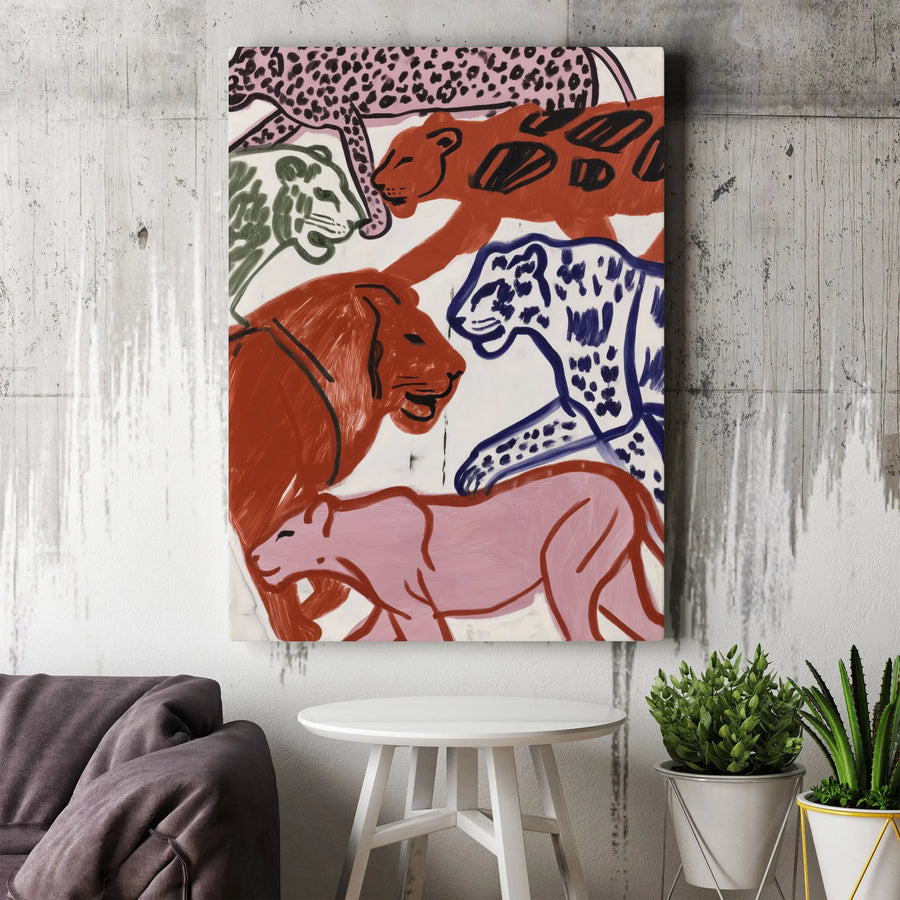 Colorful Big Cats Canvas Wall Art | Abstract Lion Leopard & Tiger Print | Premium 1.25" Thick Gallery Canvas | Modern Jungle Theme Home Decor