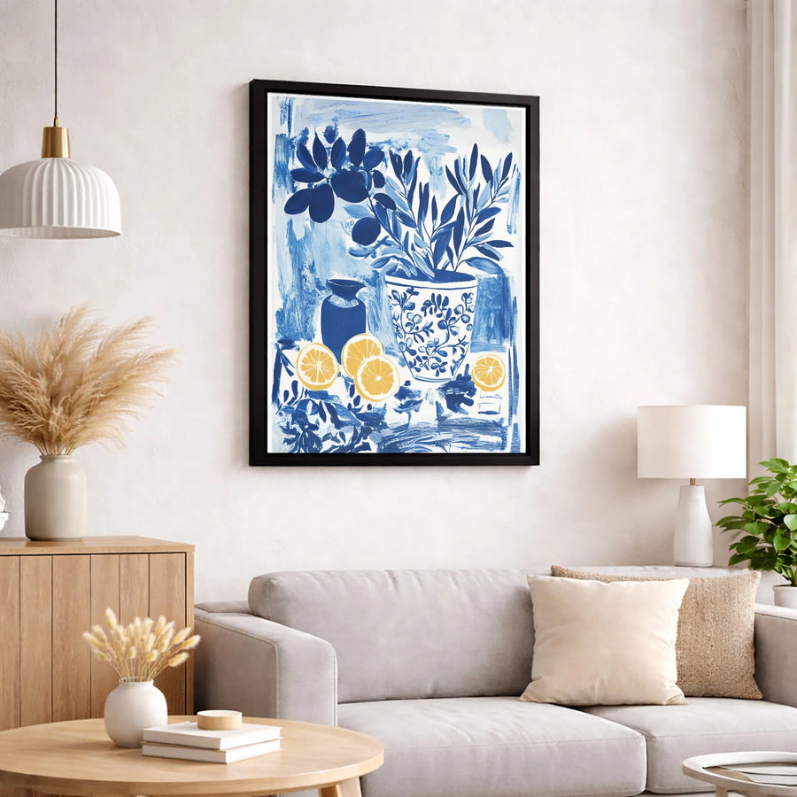 Blue and White Still Life Canvas Art | Mediterranean Lemon Kitchen Wall Decor | Premium Fade-Resistant Gallery Wrap | Elegant Home Gift