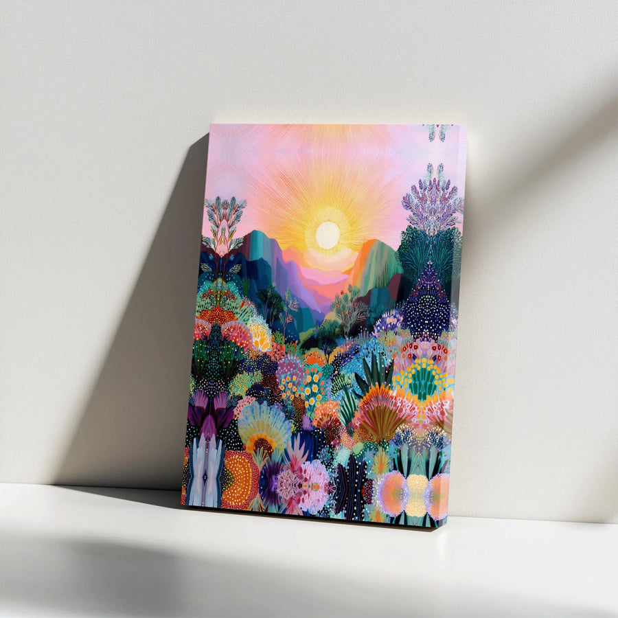 Vibrant Sunset Mountain Vertical Canvas | Whimsical Wildflower Meadow Wall Art | Premium 1.25 Inch Gallery Style Canvas | Aesthetic Living Room Decor Gift