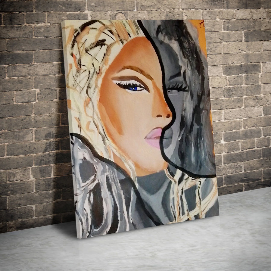Abstract Woman Face Vertical Canvas | Split Duality Portrait Artwork | Premium Gallery Wrap Print | Modern Living Room Decor Gift