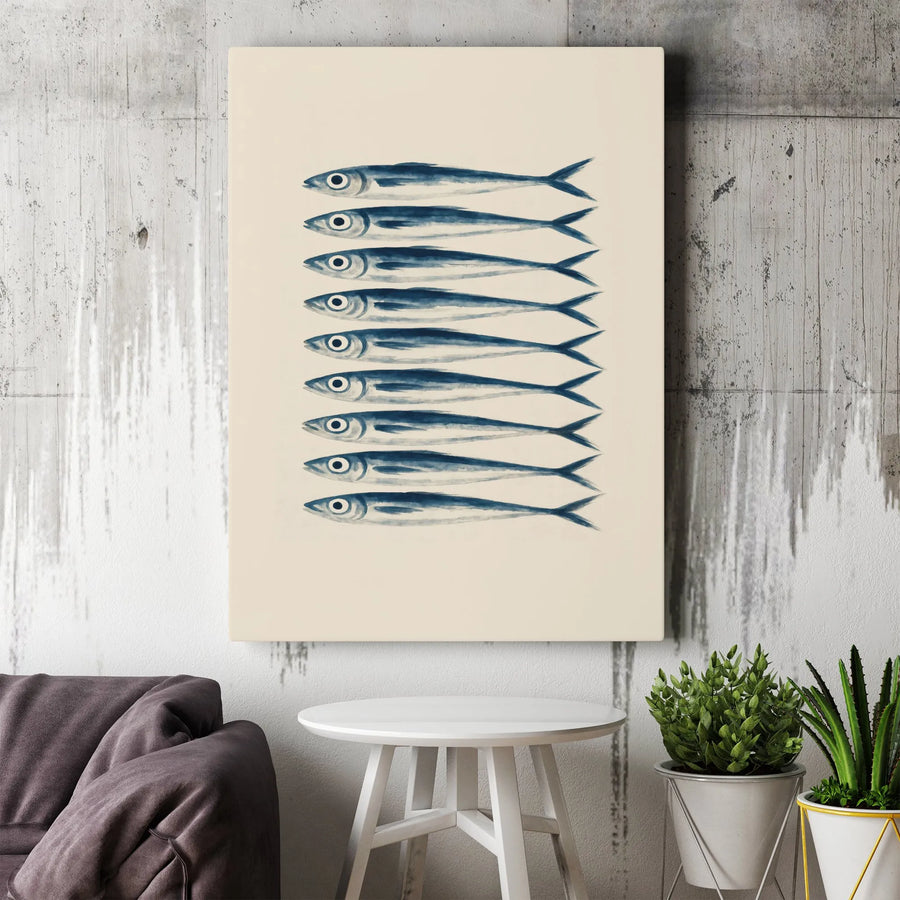 Sardine Fish Wall Art Canvas | Minimalist Watercolor Nautical Print | Gallery Quality 1.25-inch Thick Profile | Coastal Decor Gift for Beach House