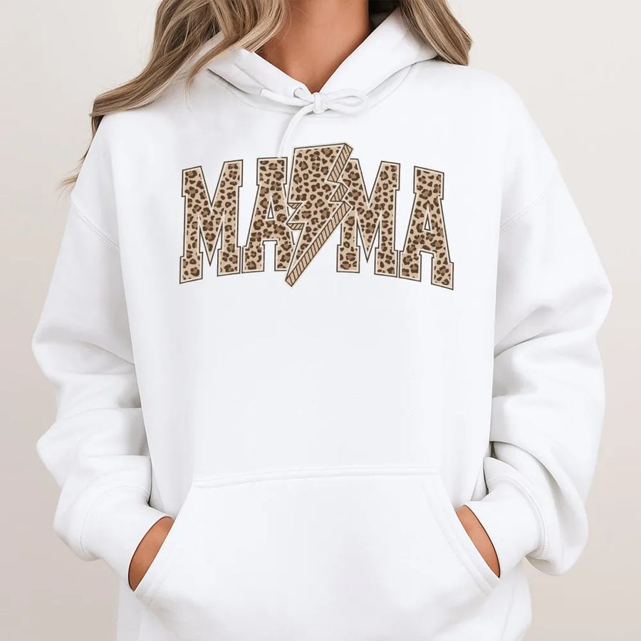 Mama Hoodie | Leopard Print Varsity Lettering with Lightning Bolt | Soft Cotton Blend | Mother's Day Gift for Mom